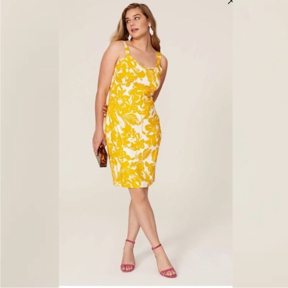 Trina Turk Zile Dress Yellow Floral Size 12 Ruffle Sheath Sleeveless Midi